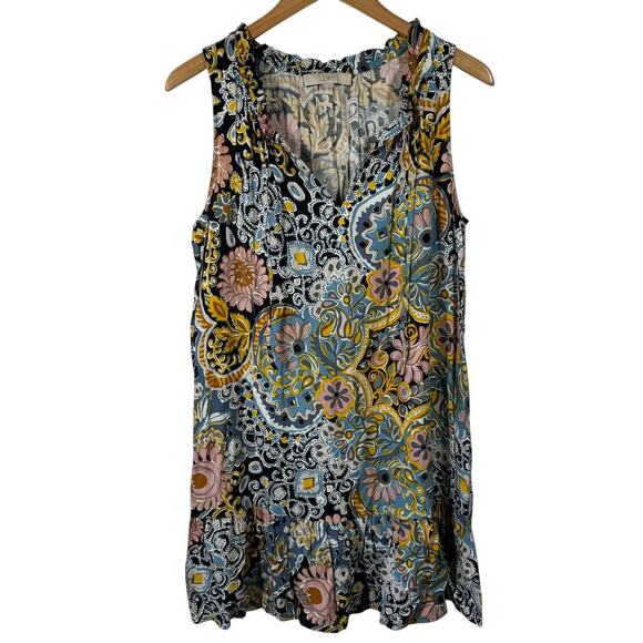 Ann Taylor Loft Dress Women M sleeveless Ruffle Neck Floral Bright Spring Preppy - Picture 1 of 6